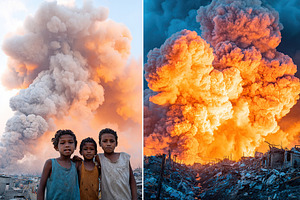 Children display innocence amid a backdrop of smoke and destruction in a chaoti, a Background Photo by AlyaAnd
