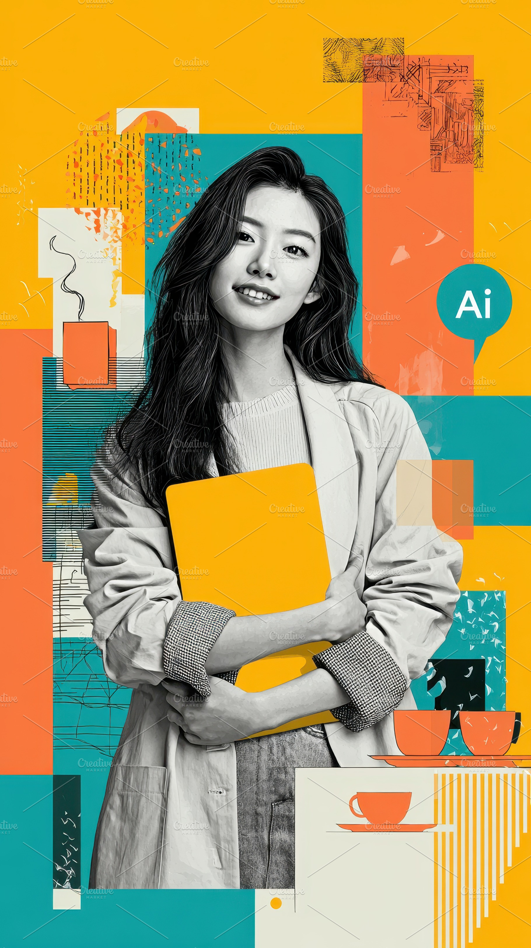 AI Art Woman Holding Yellow Folder M, a Photo by Pixeness Studio