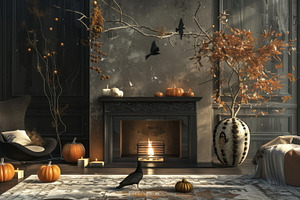 Classic Halloween decor with lit fireplace and pumpkins, suitabl, a Holiday Photo by Mashimara
