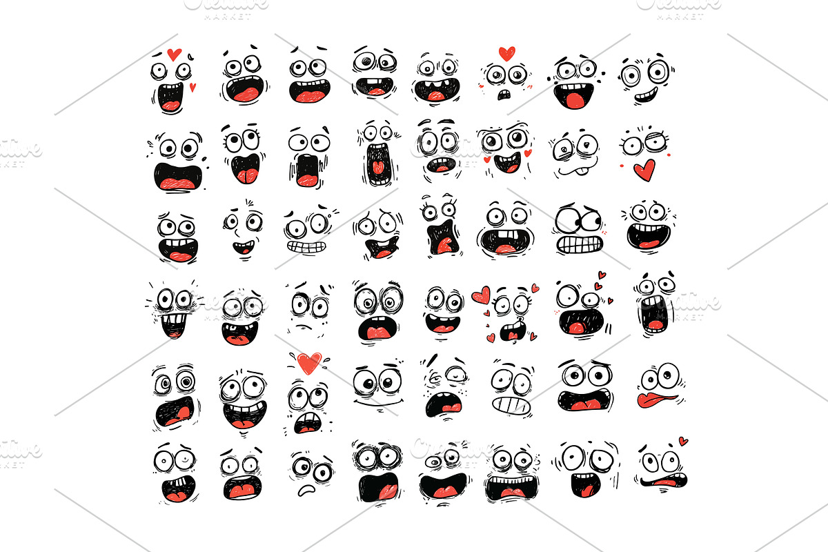 Doodle faces set expressions cartoon, an Object Illustration by Onyx