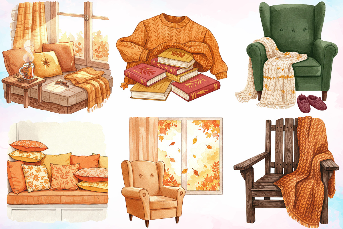 Watercolor Fall Reading Nook Clipart, an Illustration by Canvas Craft (Photo 3 of 4)