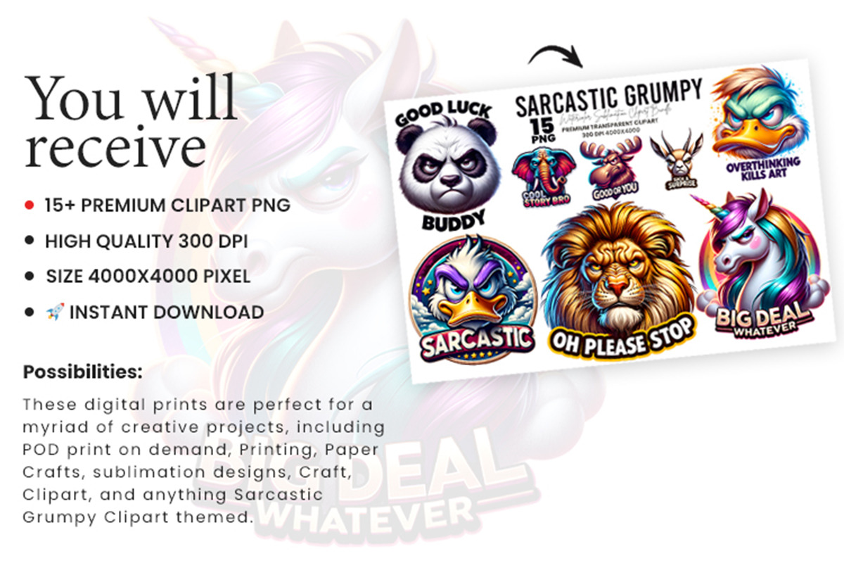 Sarcastic Grumpy Animals Clipart PNG, an Animal Illustration by Creative Arslan (Photo 6 of 9)