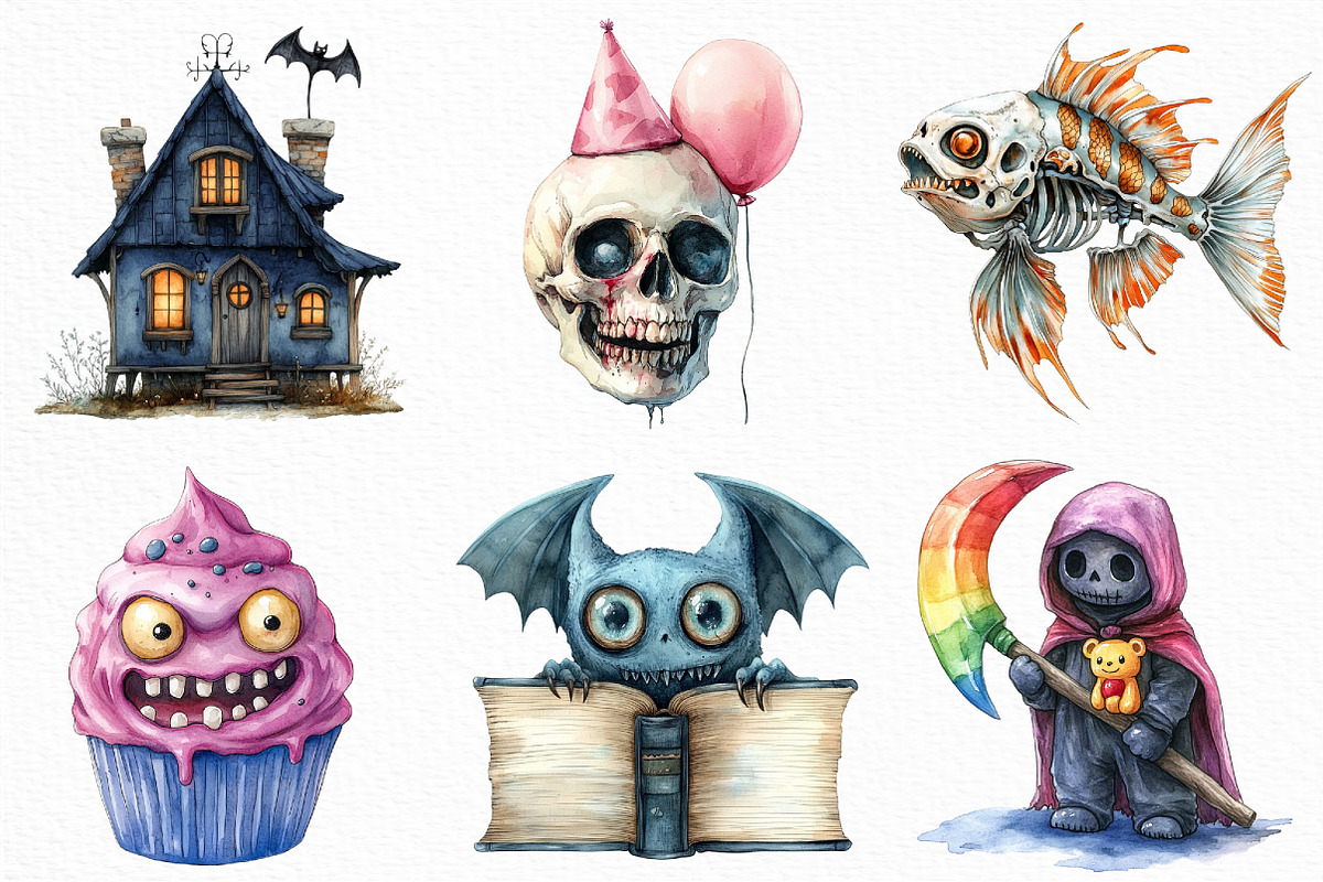 Watercolor Weird Halloween Clipart, an Illustration by Craft Nest (Photo 3 of 6)