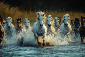 Horses gallop through water, showcas, an Animal Photo by Pixeness Studio