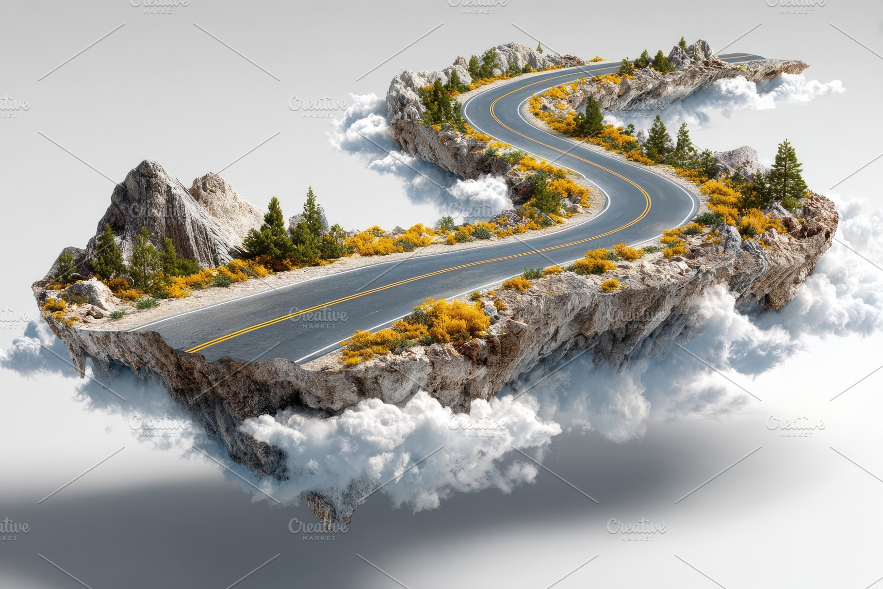 Winding road above clouds scenic mou, a Photo by Pixeness Studio