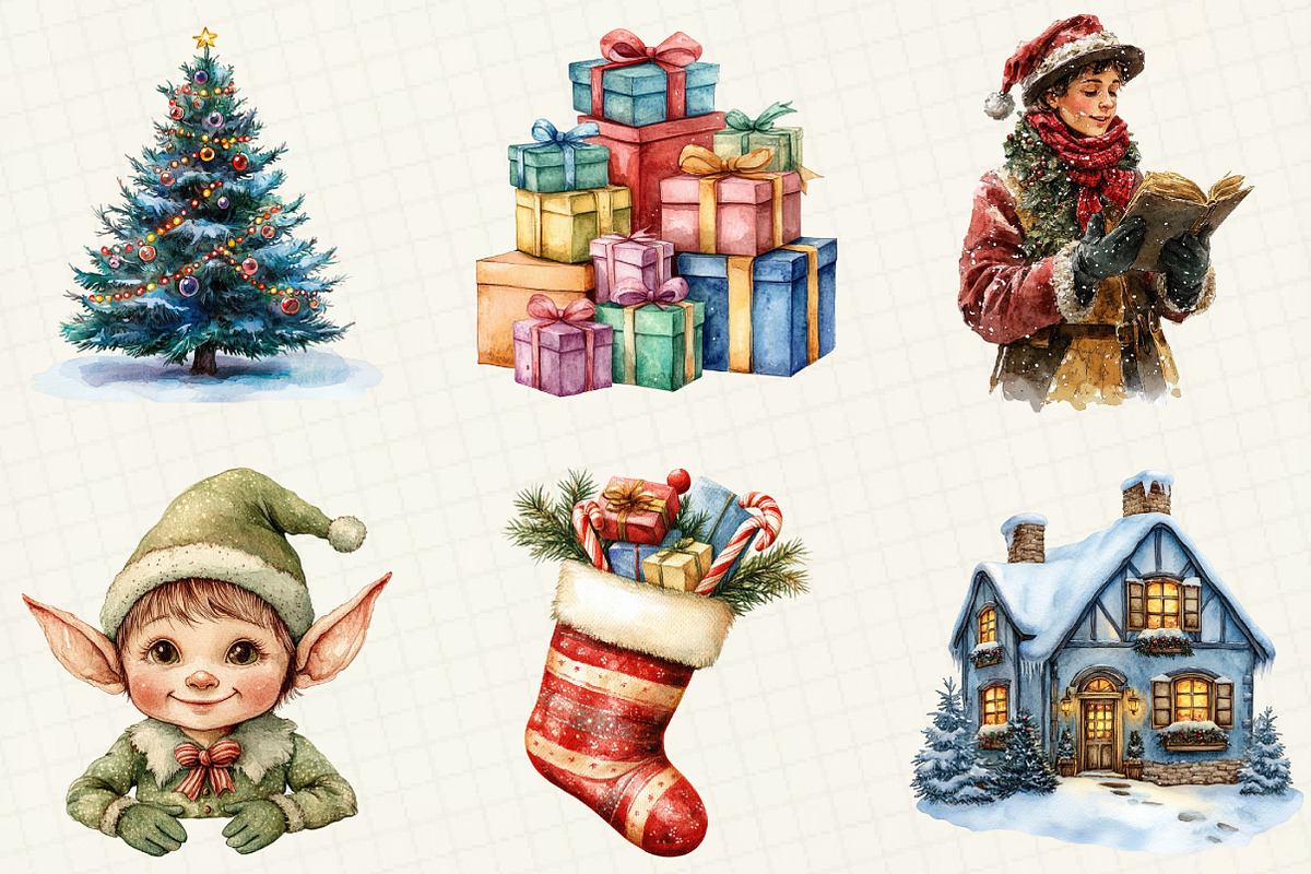 Retro Christmas Watercolor Clipart, an Illustration by OK Design (Photo 5 of 5)