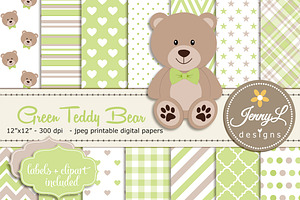 Green Teddy Bear Digital Paper, a Pattern Graphic by JennyL Designs