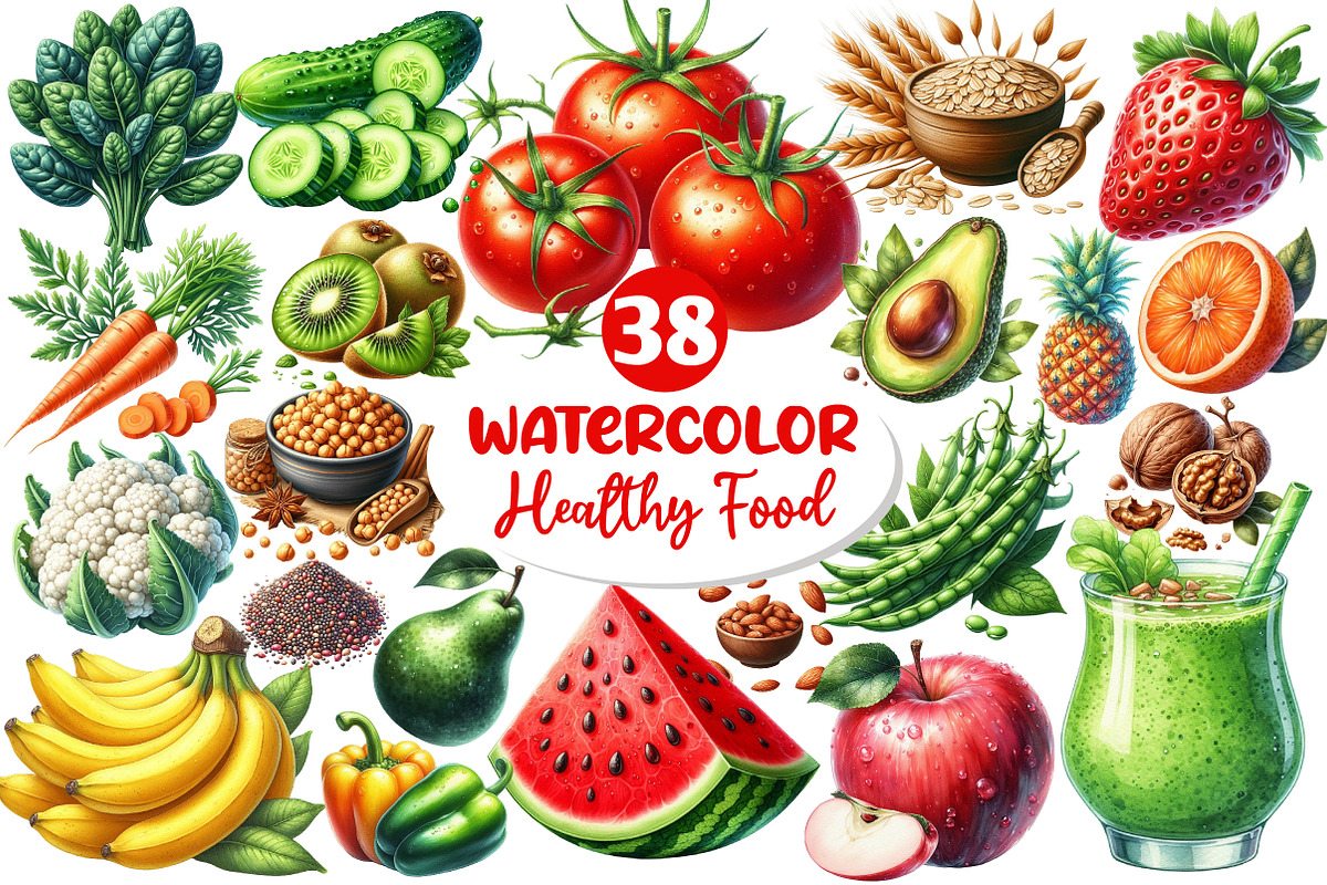 Watercolor Healthy Food Clipart, an Illustration by Dream Creation (Photo 1 of 7)