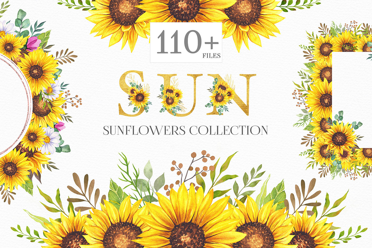 Watercolor Sunflowers Collection, an Illustration by CaraulanStore (Photo 1 of 9)