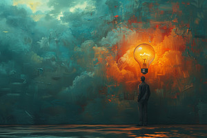 Imaginative concept of man with glowing light bulb idea, a Photo by AS photostudio