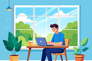 Student sitting by a window with a laptop and notebook, writing, an Education Illustration by DanFLCreativo