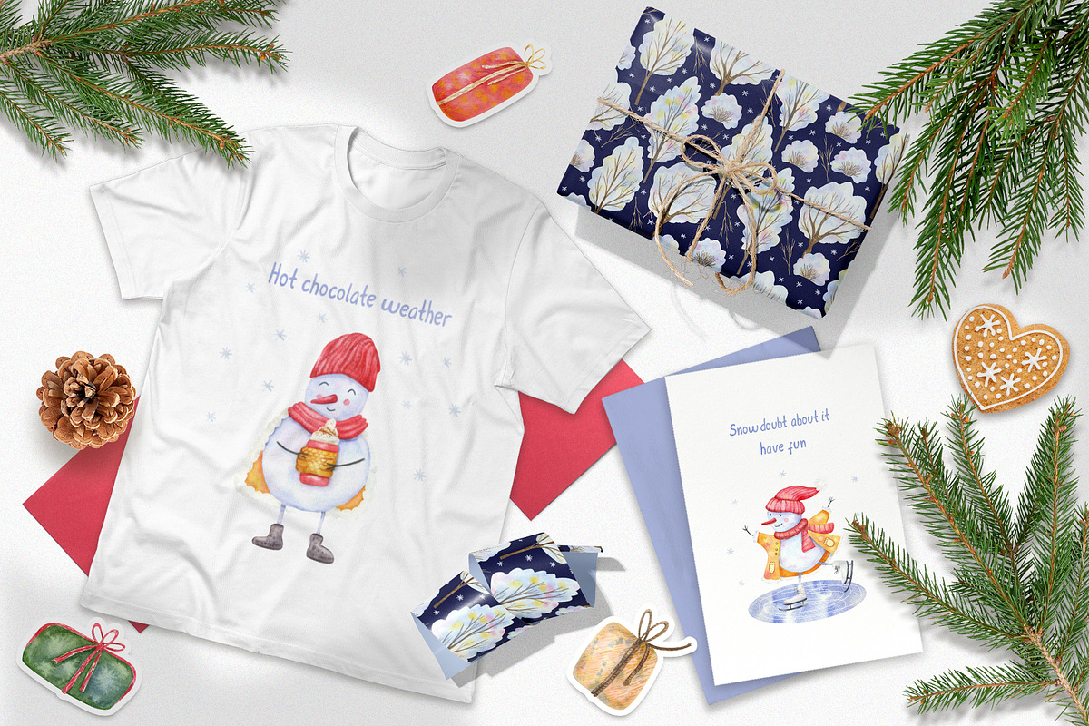Snowmen Village Watercolor Clipart, an Illustration by Anna Druzhkova (Photo 11 of 20)