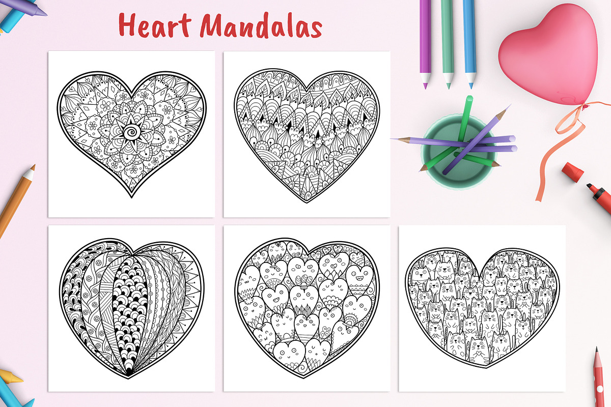 Heart Mandalas Coloring Pages, a Decorative Illustration by Gulnara Sabirova (Photo 4 of 18)