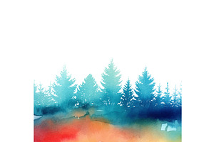 Watercolor Christmas trees at sunset, an Illustration by Nenahliadava Design