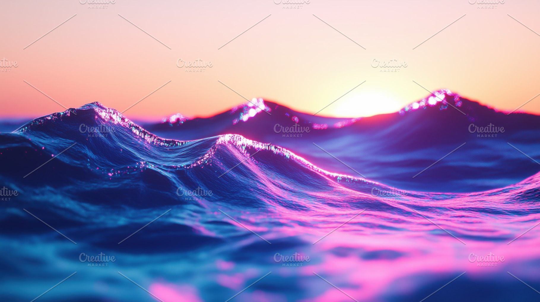 A serene view of ocean waves at sunset, with vibrant colors reflecting off the, a Photo by Textures & Backgrounds
