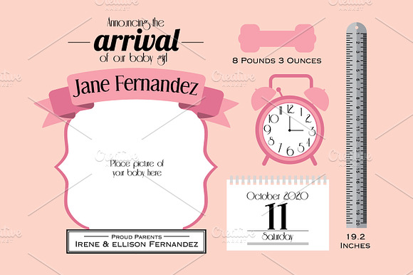 baby girl announcement card template preview 2