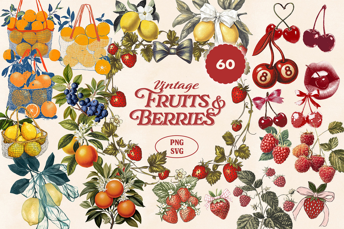 Vintage Fruit & Berry Bundle PNG SVG, a Food Illustration by Marie T (Photo 1 of 17)