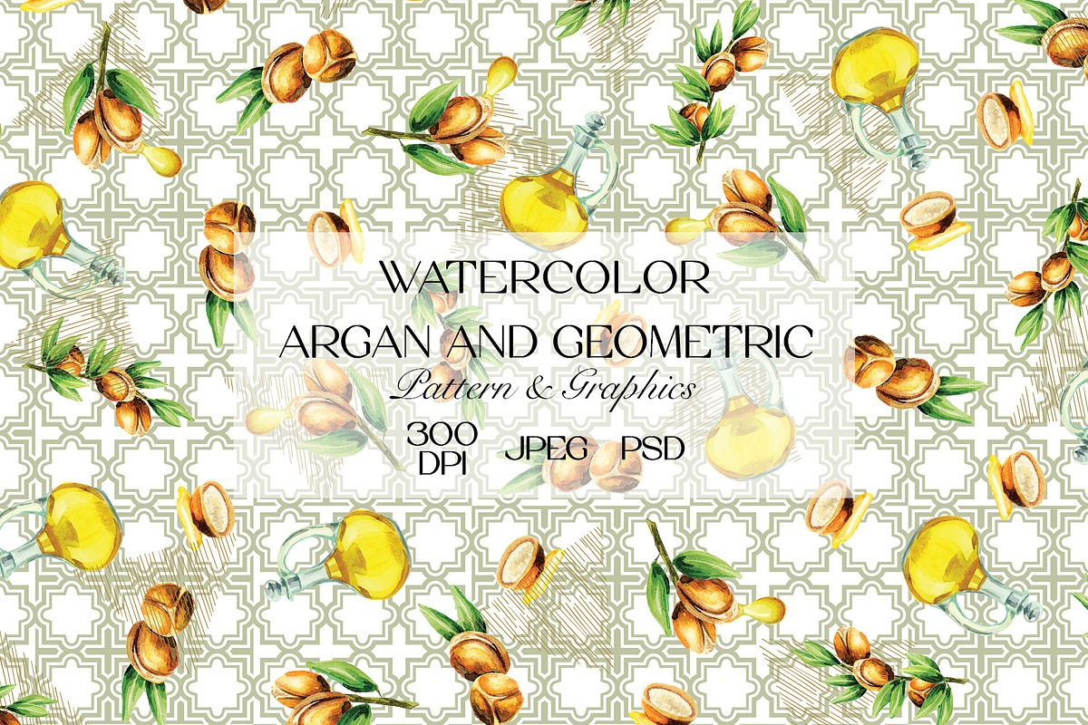 Watercolor Argan Oil & Fruit Pattern, a Pattern Graphic by StudioGlouna (Photo 1 of 3)