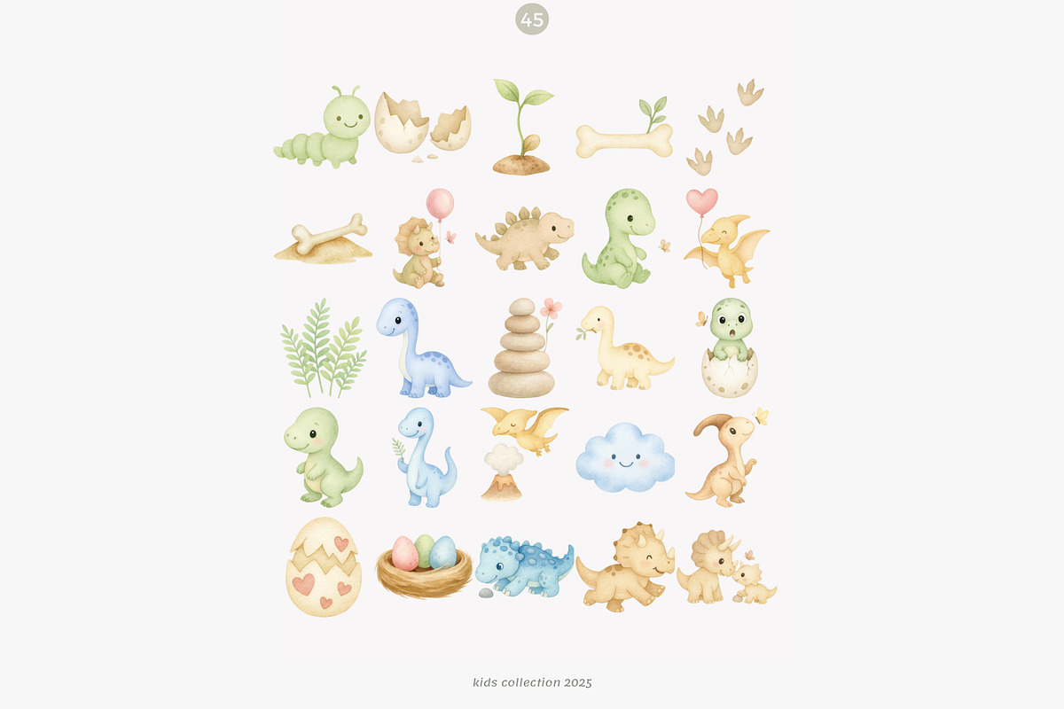 baby dino watercolor clipart set, an Animal Illustration by Pink Studio Art (Photo 8 of 8)