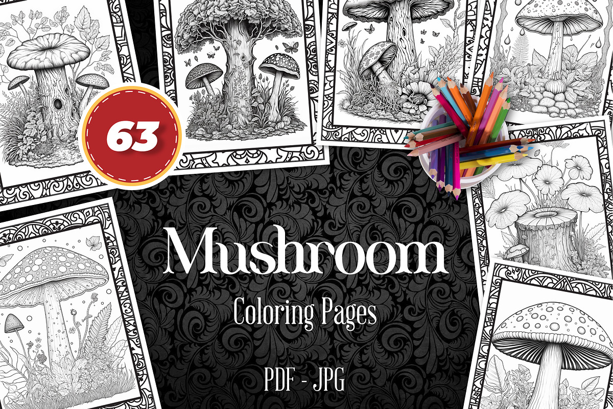 Mushroom Coloring Pages Set 63 Pages, a Food Illustration by Blue Digital Studio (Photo 1 of 4)