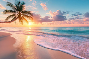 Beautiful sunset at the beach with palm tree and gentle waves in the Caribbean, a Nature Photo by AlyaAnd