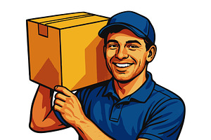 Smiling delivery man with box vector, a Person Illustration by AlexArt