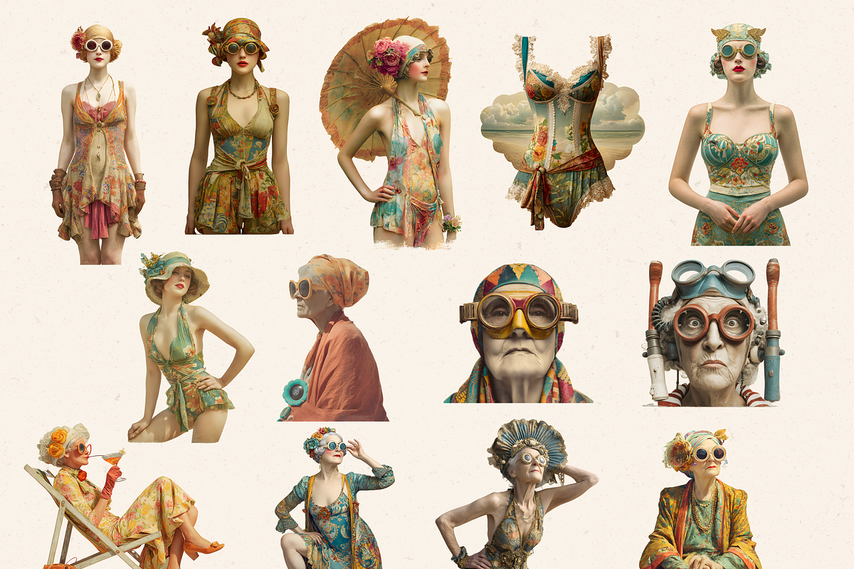 VINTAGE OLD LADY BEACH CLIPART PACK, a Person Illustration by Daring Digies (Photo 3 of 10)