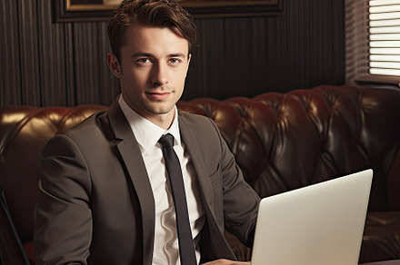 Young business man using laptop on o, a Photo by SaroStock