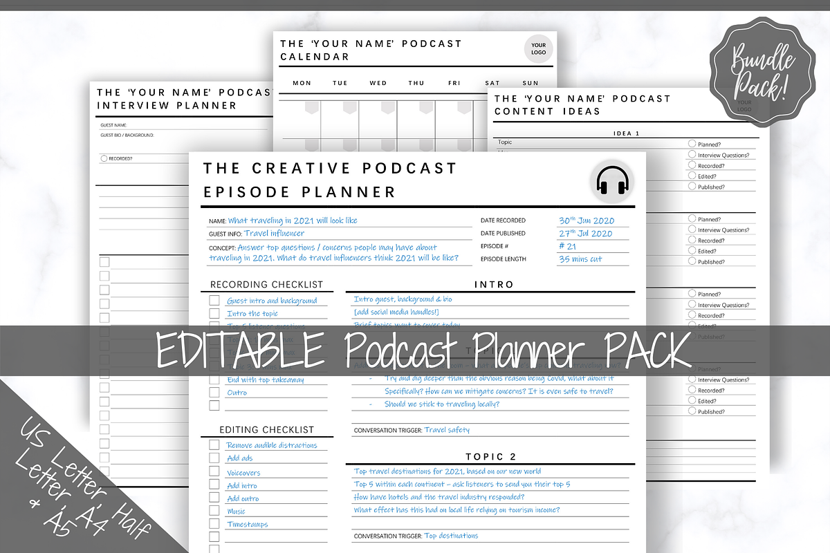 Editable PODCAST Planner Bundle Pack, a Templates & Theme by Templatables (Photo 1 of 9)