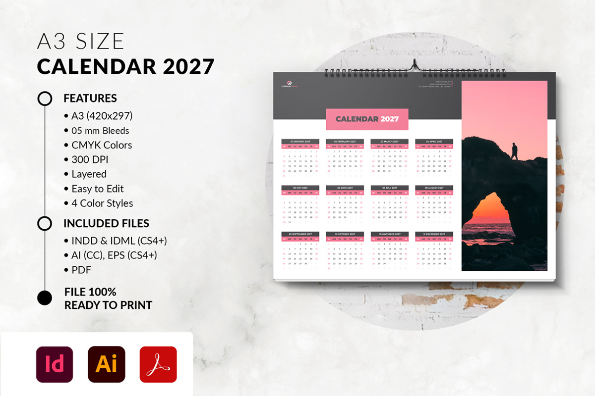 Landscape Calendar 2027 Template, a Stationery Template by MstArtwork (Photo 1 of 5)