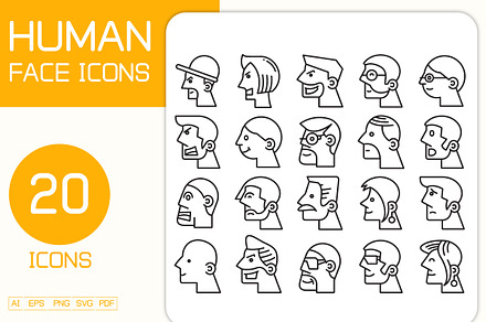 Comic Human Face Profile Icons Set, a Person Illustration by Designfour