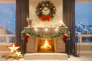 Christmas interior with a fireplace 