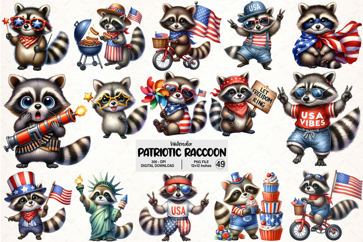 Cartoonish Patriotic Raccoon Clipart, an Illustration by Pixels.Craft (Photo 1 of 7)