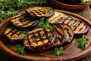 Slices of grilled eggplants in plate on wooden table, a Food & Drink Photo by AlyaAnd