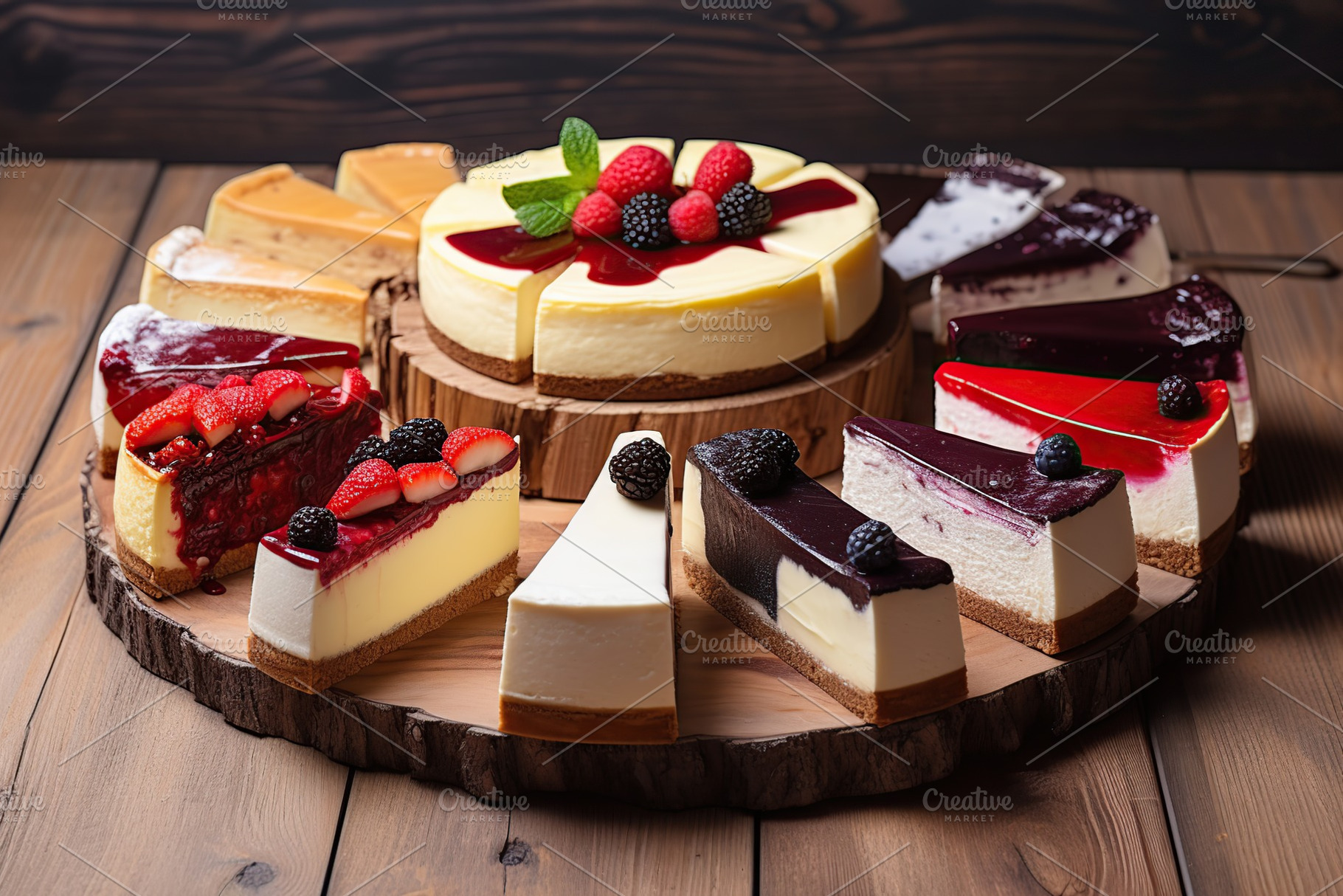Different pieces of cheesecake with fresh berries on wooden table, a Food & Drink Photo by AlyaAnd