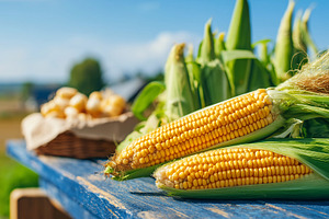 Fresh corn cobs on a rustic blue, a Nature Photo by MistyDay