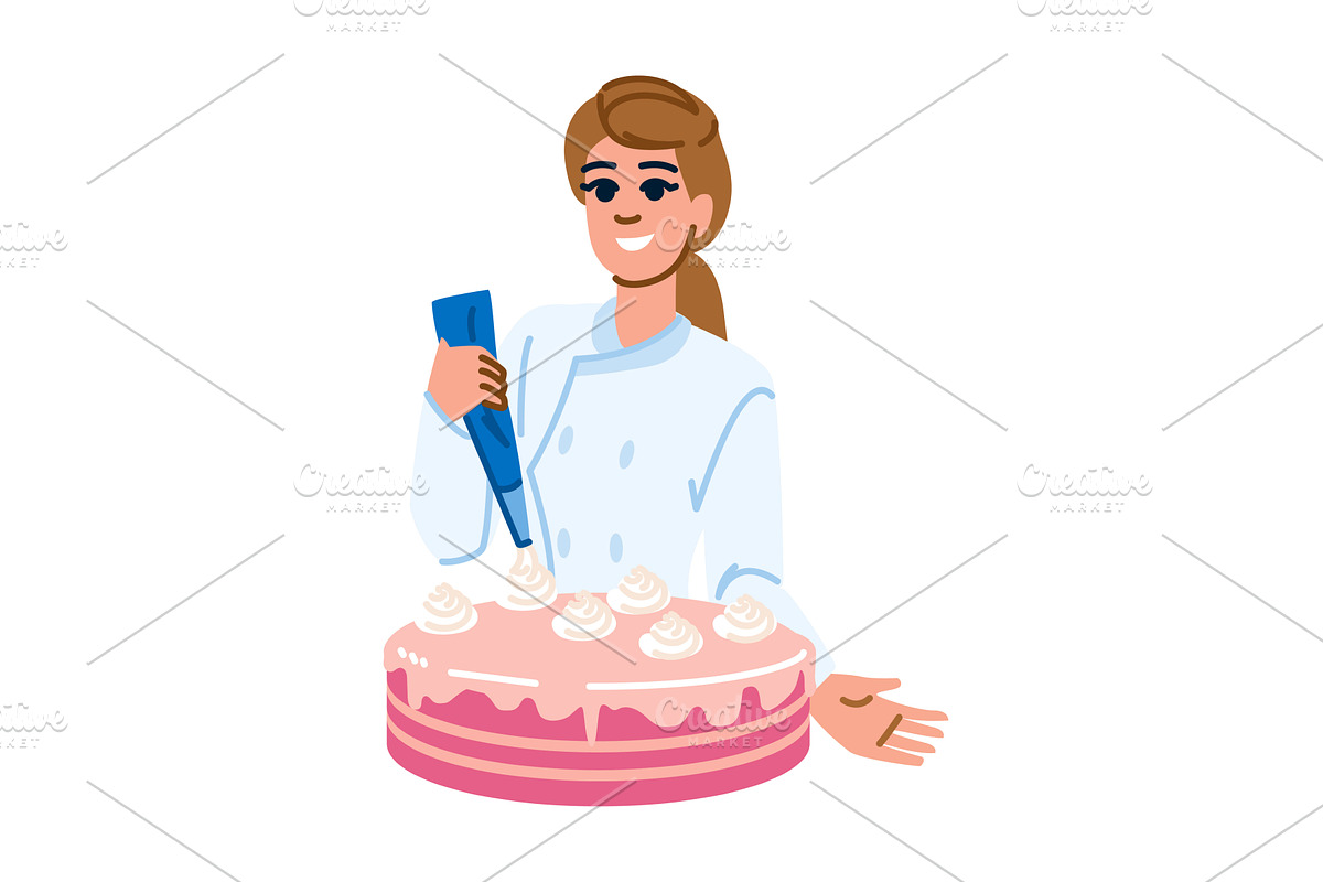 Pastry chef decorating cake with, a Person Illustration by pikepicture