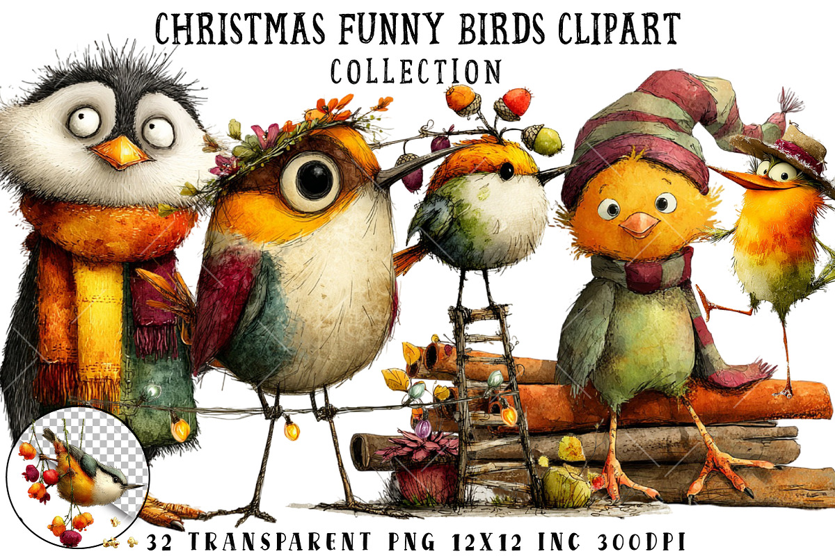 Christmas Funny Birds Clipart, an Illustration by OK Design (Photo 1 of 6)