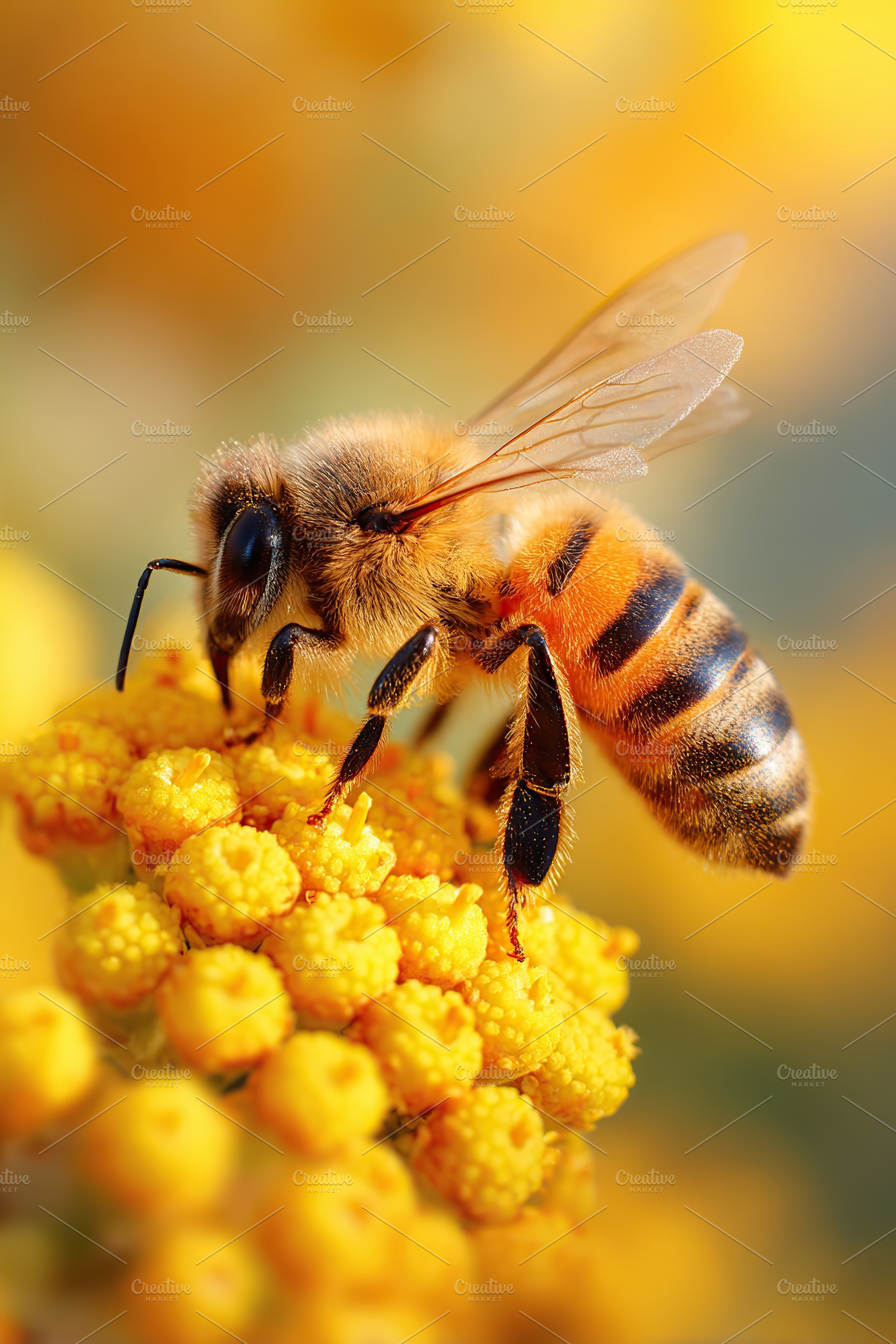 Close-up of a honeybee gathering nectar from vibrant yellow flowers in a sunny, a Photo by AlyaAnd