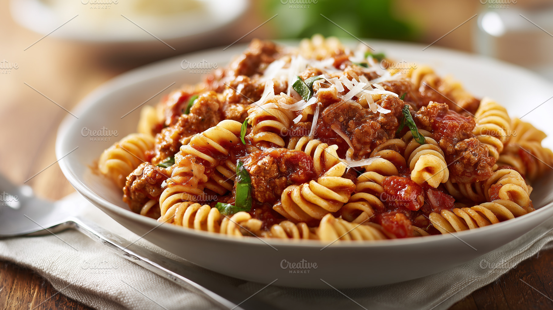 Fusilli pasta with a rich meat and, a Food & Drink Photo by MistyDay