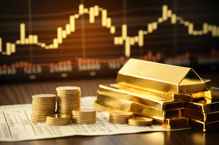 Gold bars and coins on the backgroun, a Photo by Iftikhar Alam