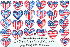 Watercolor Patriotic Hearts Clipart, an Illustration by Digital Artistic99