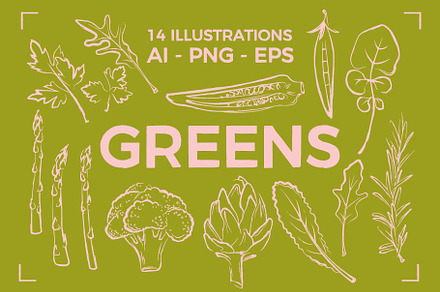 GREENS LINE ART SET (14 elements), a Food Illustration by Bonfloret Studio