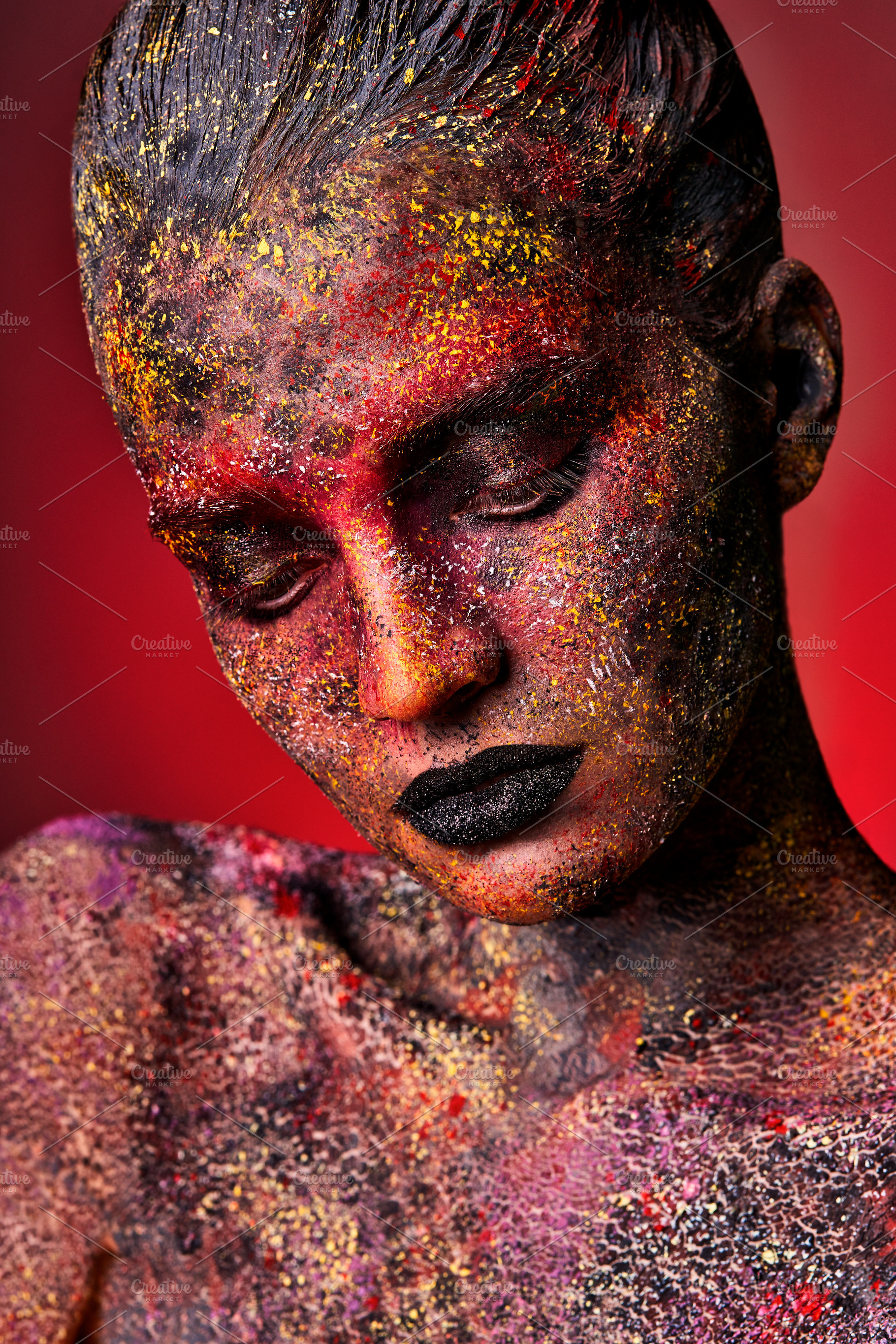 portrait of a girl in makeup body art body painting in bright mu, a Person Photo by Weddings, People, Travel