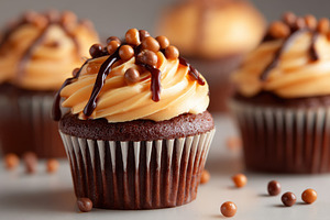 Chocolate sweet cupcakes with frosting for party, a Food & Drink Photo by AlyaAnd