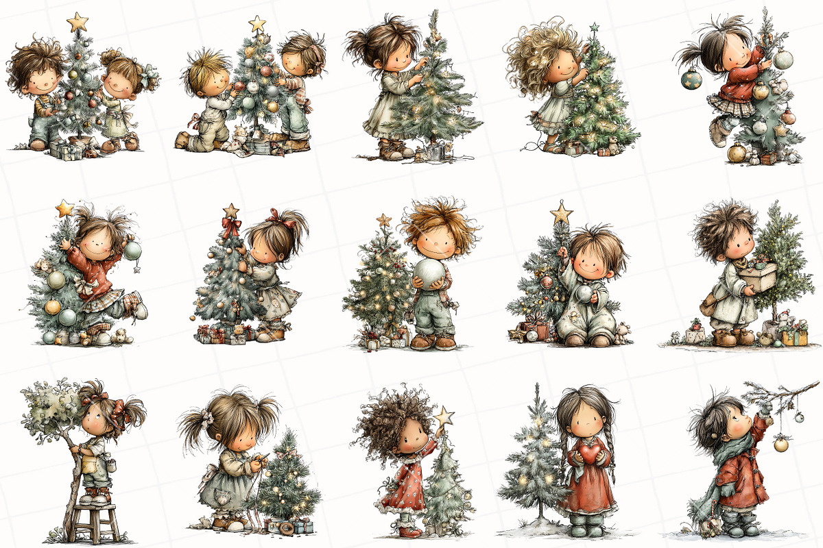 Kids Decorate Christmas Tree Clipart, an Illustration by OK Design (Photo 3 of 6)