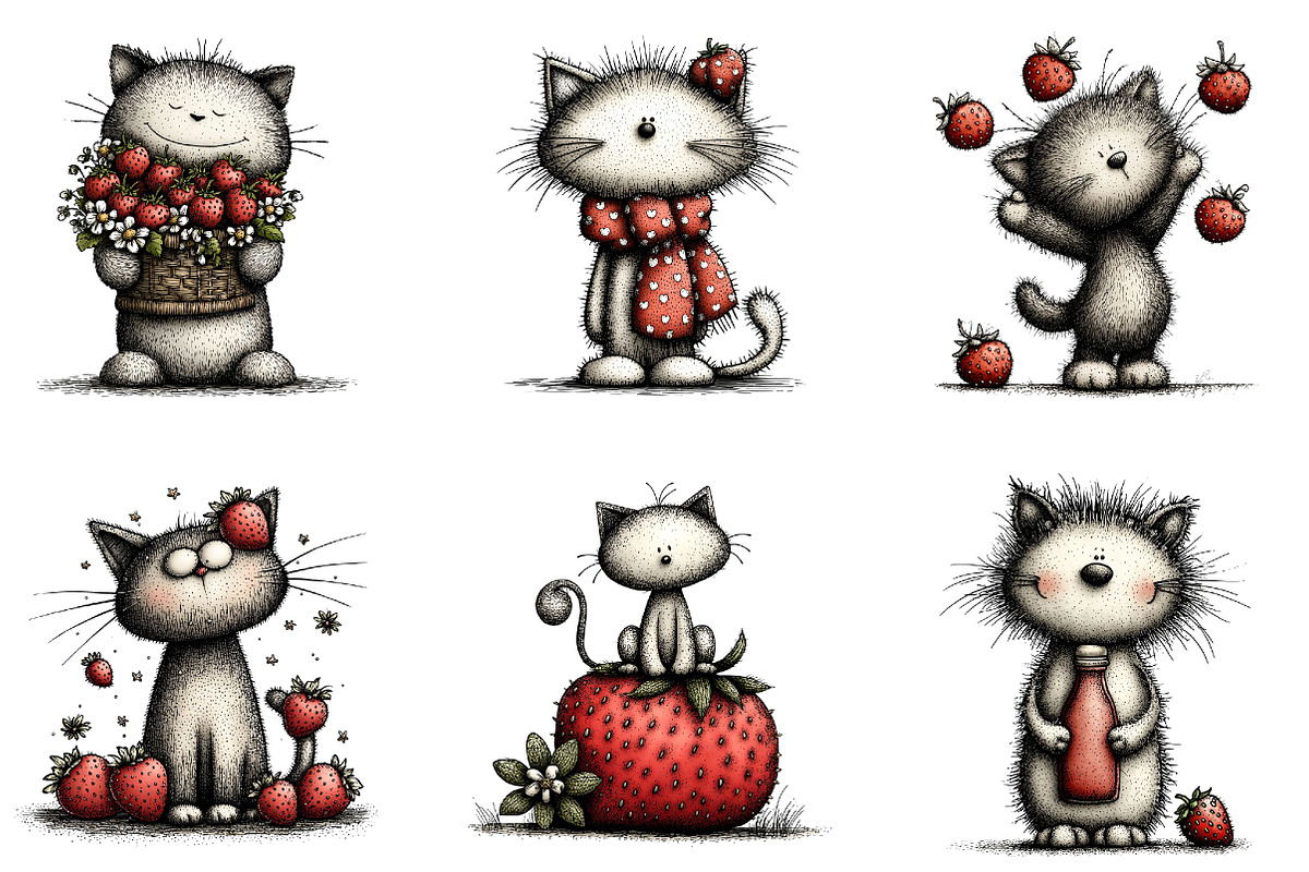 Strawberry Cat Whimsical Clipart, a Seasonal Illustration by Designking (Photo 3 of 5)