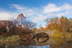 Autumn Gapstow Bridge under blue cloudy sky in Central Park, wid, a Photo by Pictures for you!!!!!!!!!