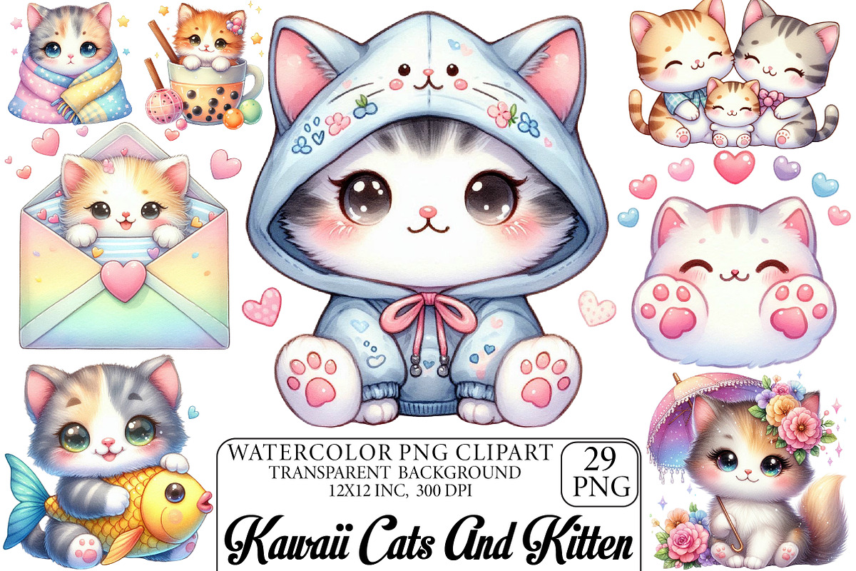 Kawaii Cats and Kitten Clipart, an Illustration by DreamPrint404 (Photo 1 of 6)