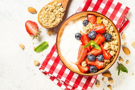 Greek yogurt granola with fresh containing yogurt, granola, and berries, a Food & Drink Photo by Nadia-nb